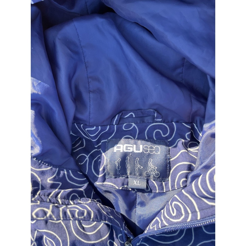 AGU Jacket Womens XL Blue Hooded Windbreaker Raincoat Reflective Print‎ Cycling - Picture 11 of 14